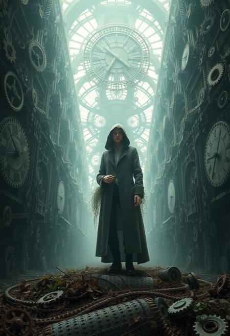 Create a hauntingly beautiful scene of a vast, abandoned clockwork cathedral, with intricate gears and mechanisms stretching up towards the sky like a mechanical forest. In the center of the image, a lone figure stands amidst the clockwork, surrounded by a halo of soft, pulsing light. The figure is dressed in a long, flowing coat with a hood, and is holding a delicate, antique-style pocket watch in one hand. The clockwork is covered in a thick layer of dust and vines, and the air is filled with the faint scent of old oil and decay. The figure is a representation of the collective memory of humanity, with a face that is a composite of countless faces and eyes that are black holes of forgotten knowledge. Style: surreal, industrial, mystical. Colors: muted, industrial, glowing. Highest-Quality, 4k