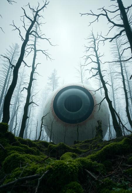 photo of a giant eyeball, dead, mossy forest, rainy, cloudy, misty,