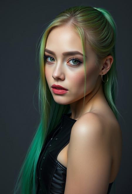 score_9, score_8_up, score_7_up, score_6_up, score_5_up, score_4_up, 1woman, RAW photo, (freckles:0.8), long ponytail, neon green hair, medium close-up shot side view, latex corset (busty 44d:1.5), extremely detailed, beautiful detailed green eyes, full lips, pale skin, neutral expression, neutral gray background, studio lighting , in the style of (kyuYong Eom:1.0)