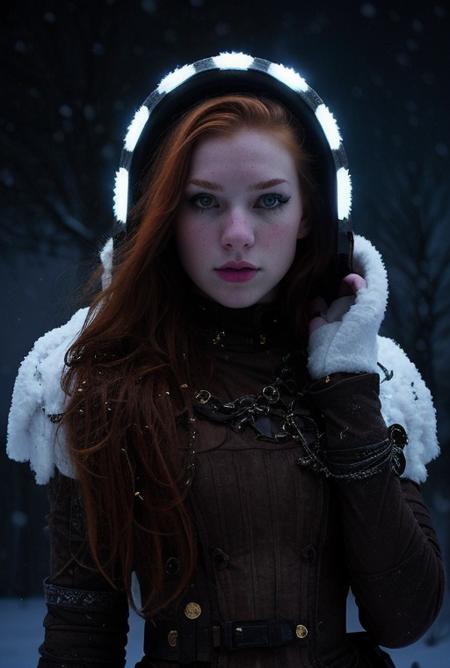 ginger, Artistic Portrait 18yo beautiful woman, perfect nose, perfect face, perfect, gorgerous, slim girl , Caucasian, white skin, white eyes,  snowstorm,  snow, wind, blizzard, light theme, steampunk outfit, black eyeliner, cinematic light, Night Photography, Light Beans, dramatic light, intricate details <lora:ginger_v03:0.6> <lora:steampunkengis_ss13_mech:1>