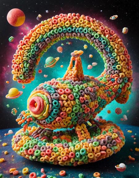 A spaceship made of fruit loops, floating in a galaxy filled with colorful stars and planets. <lora:FruitLoopStyle:1>