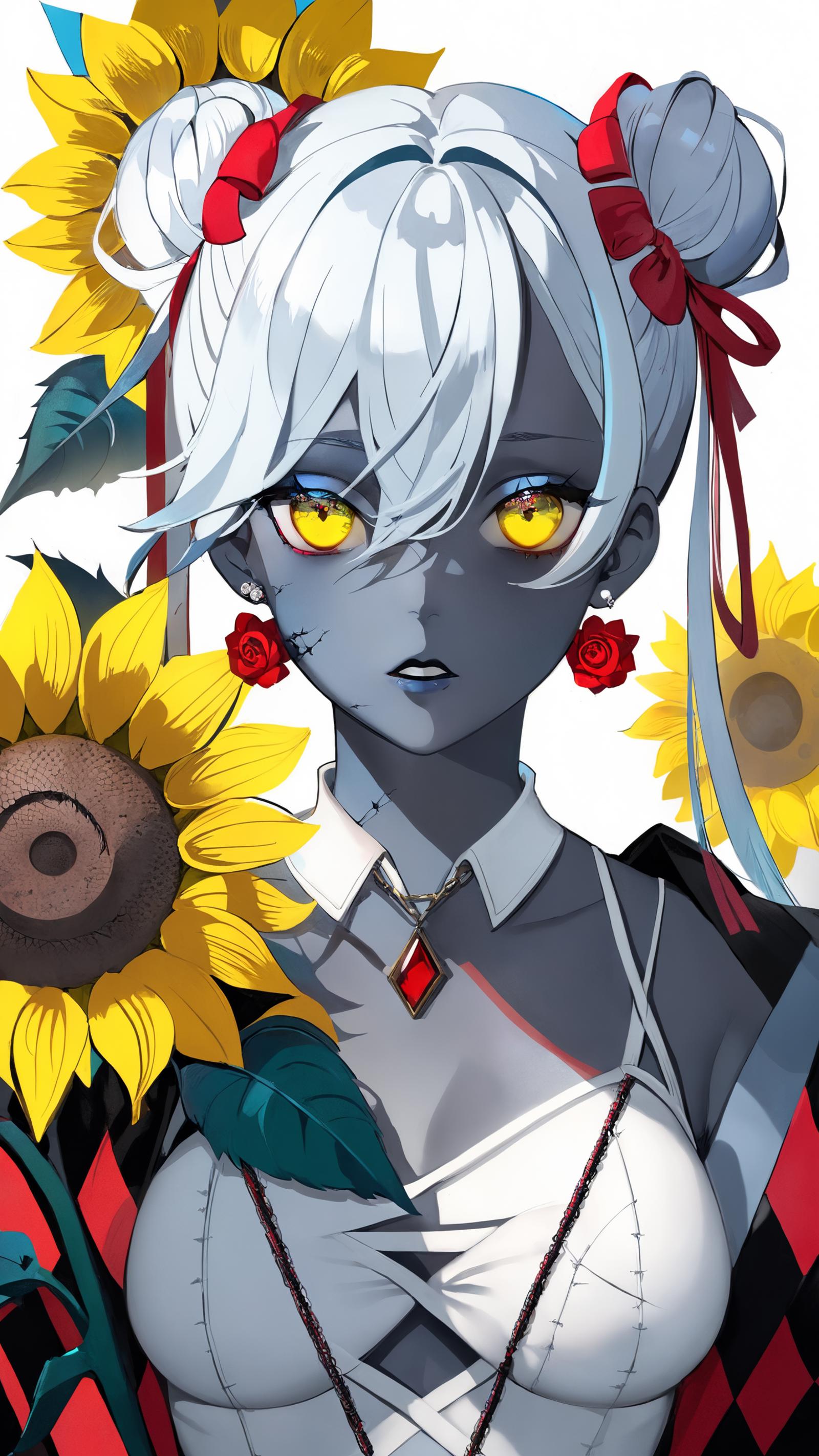 A young girl with yellow eyes holding a sunflower.