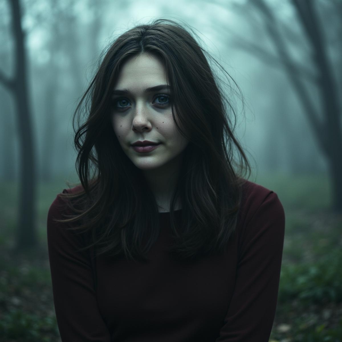 woman beggining to smile, looking at viewer, horror theme, dark spooky atmosphere, foggy, 