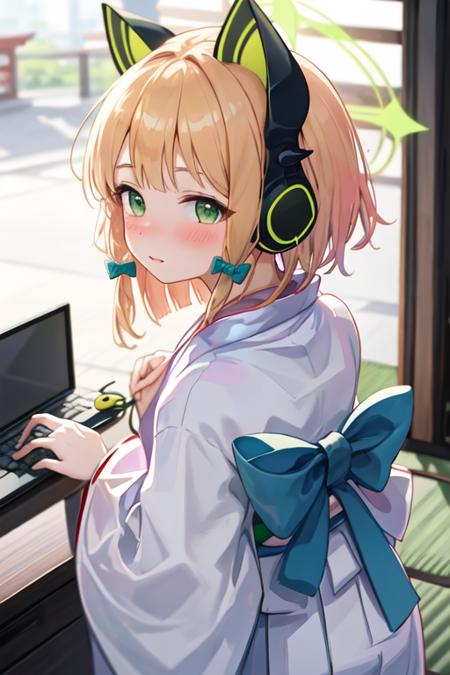 best quality, masterpiece, highres, solo, {yukata:1.40}, {kimono:1.20}, {midori_bluearchive:1.15}, headphones, animal_ears, blonde_hair, fake_animal_ears, animal_ear_headphones, green_eyes, cat_ear_headphones, bow, halo, bangs, blush, hair_bow, short_hair