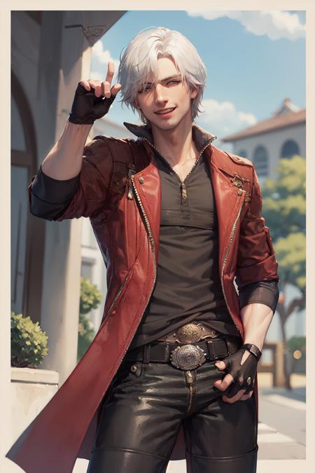 (masterpiece, best quality:1.2), <lora:dmc_dante-09:1>, cowboy shot, solo, male focus, 1boy, dante, smile, looking at viewer, white hair, open clothes, coat, (fingerless gloves:1.1), belt