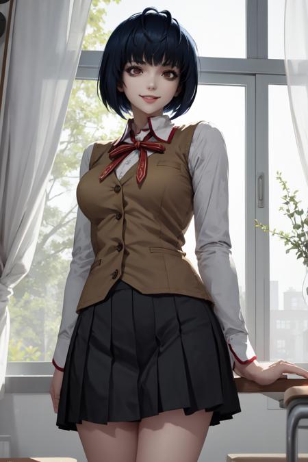 masterpiece, best quality, absurdres, perfect anatomy, 1girl, solo, Tae Takemi, short hair, indoors, school, large breasts, smile, HomuraharaFemale, collared shirt, brown vest, long sleeves, black skirt, <lora:HomuraharaUniform:1>