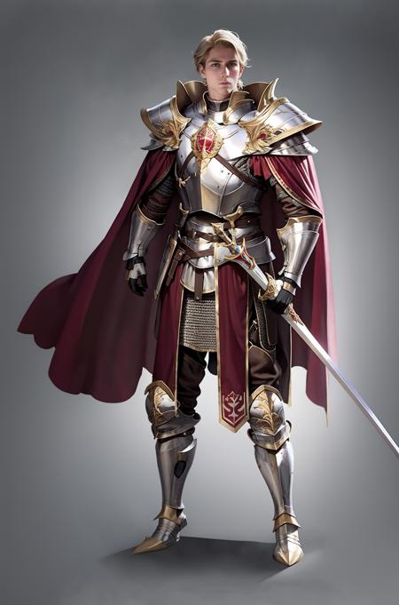 Game characters, original design, European style, armor, weapon, solo, sword, cape, blonde hair, gauntlets, 1boy, standing, male focus, full body, holding, red cape, shoulder armor, holding sword, holding weapon, grey background, breastplate, greaves, boots, knight, realistic, hand on hilt, plate armor, armored boots, faulds<lora:CG Game xieshi:1>,