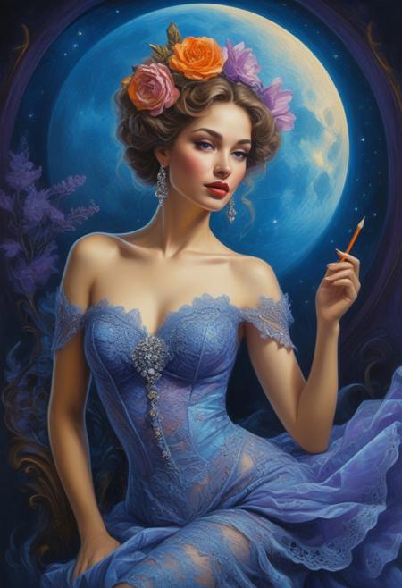 surreal painting, lilac orange blue cream fuchsia colors,
"Step into a world of allure and charm with the mesmerizing presence of a sophisticated burlesque singer.
Prepare to be captivated by their sultry voice and tantalizing performances.”,
sparkling colors, figurative painting, magic realism, fantastic realism,
intricate motifs, organic tracery, beautifully lit, shallow depth of field,
bright vivid gradient colors, romantic academia aesthetic. gorgeous woman with a blue lace dress in the dark on blue moon background,
art by Esao Andrews, Josephine Wall, Charlie Bowater, in the style of
detailed character design, digital airbrushing, rococo style, splash art,
glittering, cute and adorable, filigree, ambient rim lighting, extremely,
magic, surreal,  breathtaking beauty, epic, ultra high quality model,
intricate artwork masterpiece, golden ratio, trending on cgsociety,
Fujicolor c200, epic, trending on artstation, 8k, hdr. Portrait full body, a painting of a woman Charming pencil sketches by Albert Eckhout, in full color In this fascinating acrylic painting you can see a charming woman. The dress is very elegant and very well made. This stunning image captures the viewer's attention with its vibrant tones and dreamlike atmosphere. The expertly crafted brush strokes and intricate details show the artist's skill, making the image truly captivating.