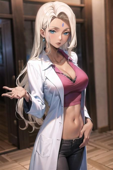 ANIME_Rakshata_Chawla_aiwaifu69,aiwaifu69,long hair,blonde hair,dark skin,dark-skinned female,forehead mark,cleavage,facial mark,large breasts,lipstick,earrings,labcoat,makeup,blue eyes,jewelry,kiseru,midriff,pants,shirt,open clothes, masterpiece,best quality,ultra detailed, 8k, 4k,highly detailed, scenery,pose,solo,
