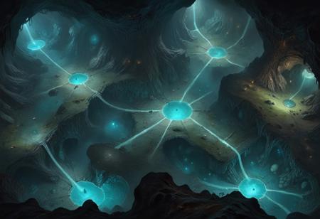 (cavern, RPG combat map, battle map, RPG map from above, highly detailed, highly detailed, dark, oil painting, combat map, high quality, tunnels, phosphorescent mushrooms, caverns, crevices, view from above, aerial view, detailed, from above, (top view: 1.3), long shot, aligned to the edge of the image,