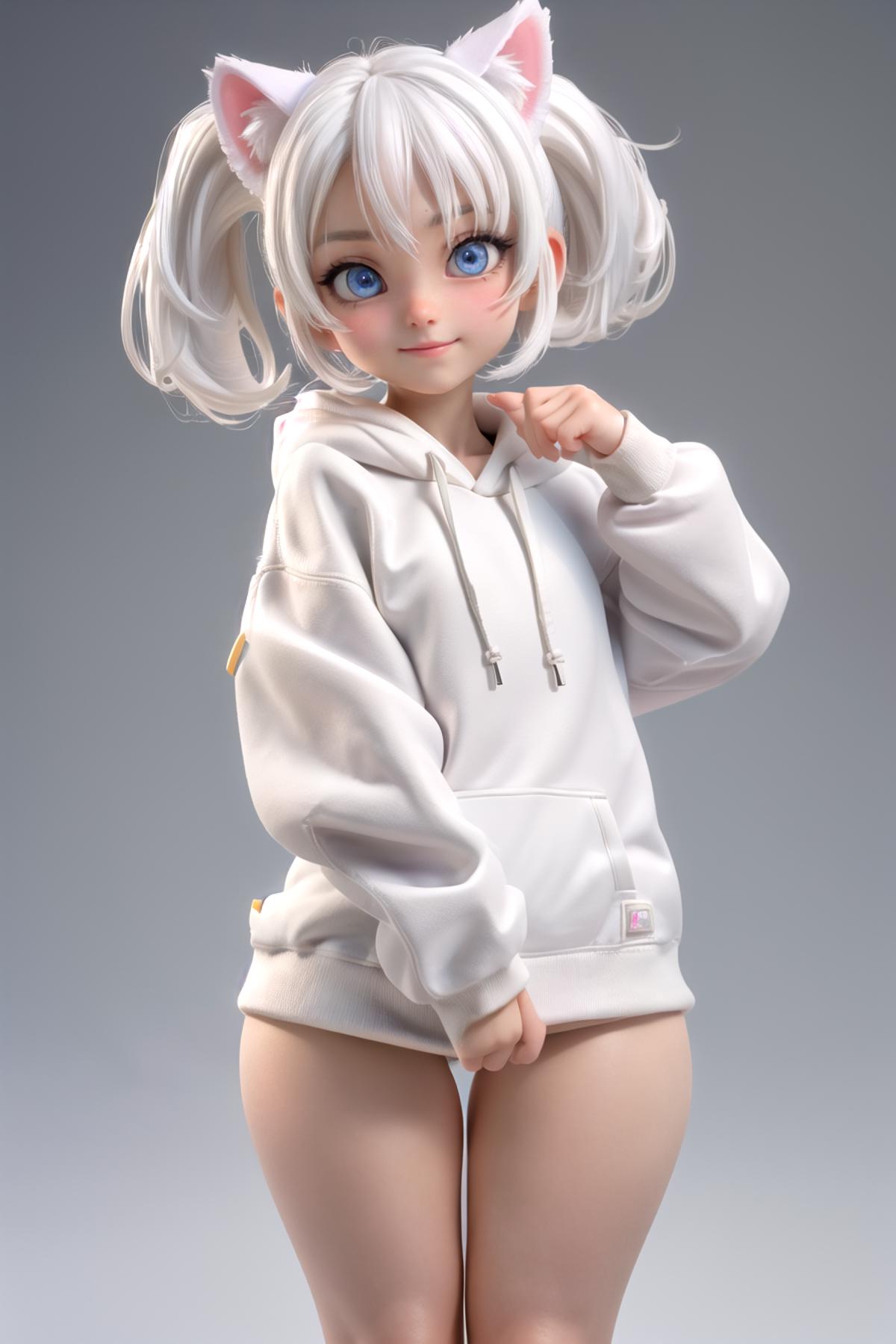 A doll with a white sweatshirt and blue eyes is posing for a picture.