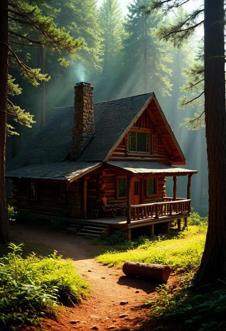 Rustic Cabin in a Pine Forest Clearing
A charming log cabin rests in a sunlit clearing, surrounded by towering pine trees that reach for the sky. Rod Penner’s American realism captures the cabin's rustic details, from the rough-hewn logs to the inviting porch. David Kassan adds subtle human figures, enjoying the peaceful surroundings, which breathe life into the scene. Julie Bell’s dynamic shading enhances the depth of the forest, with dappled sunlight filtering through the branches, creating an inviting atmosphere that envelops the cabin in warmth and serenity, making it a perfect retreat in nature.
vivid colors. 
detailmaximizer, aidmaMJ6.1,  Movie Still, Film Still, Cinematic, Cinematic Shot, Cinematic Lighting, detailxl, flux-style, midjourneyv6.1