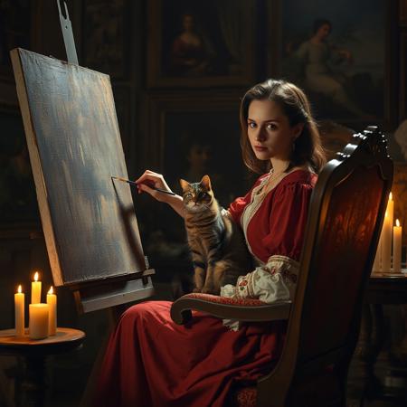 Reneissance painter woman painting in her 18th century art studio which is dimly lit by candles, for her is posing a cat on a elegant 17th century chair. she has determined look and moving her paintbrush across canvas, her studio is full of different finished and unfinished paintings, masterpiece, dramatic light.