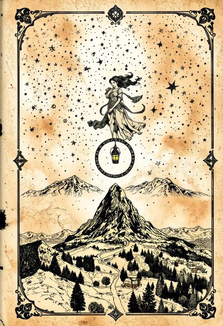 Necronomicon Sketch, constellations of stars fill the top third of the page, among which floats the stylized image of a woman in a magic circle, the body of the woman is a lantern, at the bottom of the page is a landscape including hills, a mountain, a forest and a town, with roads connecting all of them, in the center of the page is a figure in a robe surrounded by a magic circle <lora:Necronomicon-10:0.8>