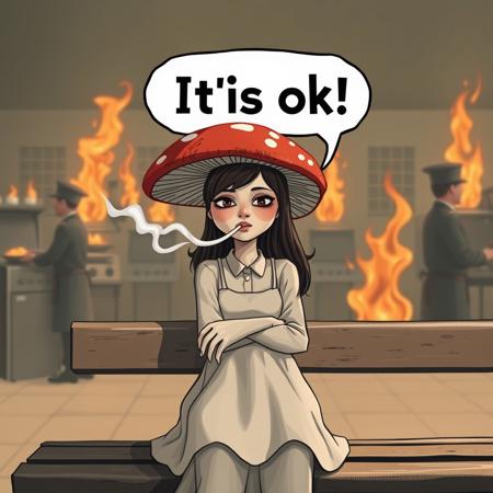 Mushroom woman with pokerface smoking on bench, speech bubble "It`s ok" against the backdrop of burning servers