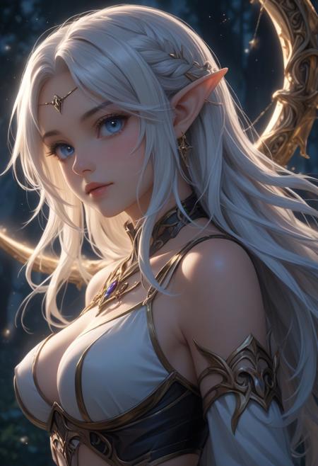 score_9, score_8_up, score_7_up, score_6_up, dynamic, (anime, masterpiece), best quality, (8k), detailed background, sharp focus, intricate, ambient lighting, super high quality, hyper detailed background, cinematic lighting, adult, double tone long hair, medium breasts, verybadimagenegative_v1.3, Moonlit Archer Elf, Starlight Piercing, Silken Shadows, Lunar Whisper
