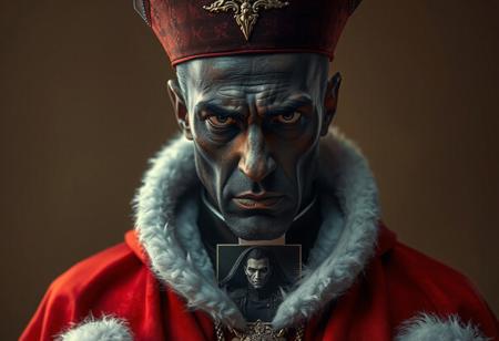 A , highly detailed portrait of a priest in a dark red and black robe, with white fur trim and dark skin, exuding doubt and exasperation. A Catholicpunk influence is evident, with a mitre and ornate denning. The richly defined face and collar, along with the photo of Sephiroth, add intrigue. The image is 4K, high-resolution, with sharp focus, vivid colors, and cinematic lighting. Trending on CGSociety, Artstation, and Behance, this artwork showcases exceptional quality, precise detail, and a powerful message. The priest's doubtful expression and the image of Sephiroth create a captivating and thought-provoking contrast.