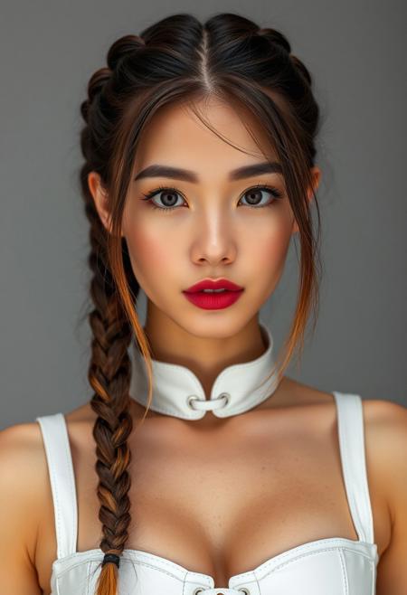 score_9, score_8_up, score_7_up, score_6_up, score_5_up, score_4_up, 1woman, , RAW photo, (freckles:0.8), long braided top ponytail, Brunette hair with orange tips, medium close-up shot front view, White  latex corset (busty 44d:1.5), extremely detailed, beautiful detailed neon orange speckled eyes, full lips, almond skin, neutral expression, neutral gray background, studio lighting , in the style of (kyuYong Eom:1.0)