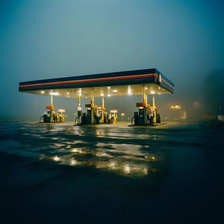 film photography style a moody picture of a gas station at night engulfed in fog, low camera angle <lora:FILM_PHOTOGRAPHY_STYLE-000017:1>