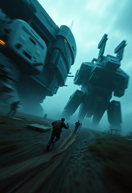 Strong moody style, dynamic motion, surreal realism, pastoral landscapes, futuristic elements, giant machines.  Blurred lines, action poses, low contrast.  Deep blues, blacks and dark greys.