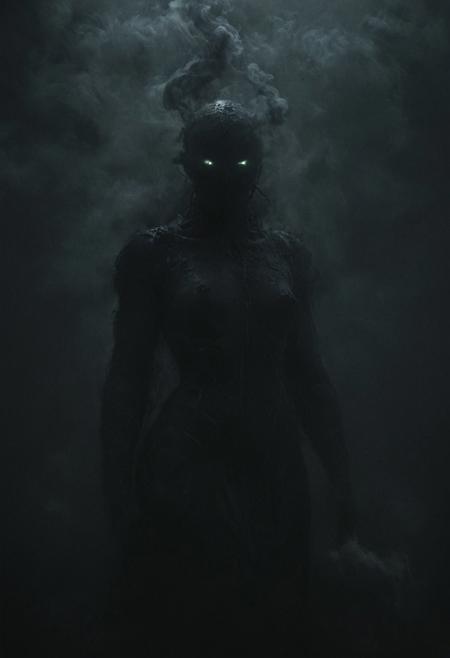 aidmamj6.1, dark, chiaroscuro, low-key.
dark abstract figure, abstract entity, features, amorphous silhouette, made of swirling pitch-black gas, dense opaque celestial fog, ethereal form, tall pointed smoke extensions, jagged and chaotic edges, rough splattered textures, dynamic movement, (masterpiece), (ultra-detailed), (best quality), (hyperrealism:1.5), (pure black:1.7), (high contrast:1.6), (deep shadows:1.6), intense and furious, sharp contrast with darkness, body dissolving into thick black mist, shadowy and vaporous, (cinematic lighting:1.6), (front light source:1.3), (minimalist composition:1.6), (surreal mood:1.5), (eerie atmosphere:1.6), (ominous energy:1.5), (foggy background:1.5), gradient background from near-black etherate white backgroud, subtle cold white light reflections, scattered glowing particles, (tilted perspective:1.2), (disorienting angle:1.2), (focus on glowing eyes and silhouette:1.7), (artstation quality), (8K, 4K), (VFX:1.4), (atmospheric depth:1.4), (layered black smoke:1.4), (visual storytelling:1.3), (void-like darkness:1.7), (smoke monster:1.5)