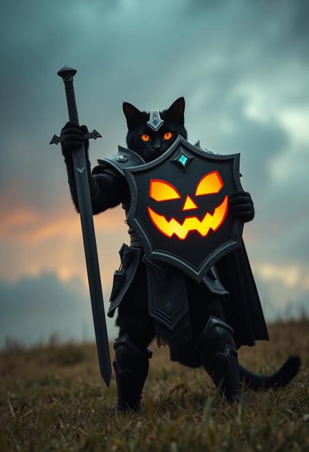 ,A video from a front camera angle about a muscular black cat warrior clad in dark armor holding a glowing shield with a jack-o-lantern face. the video also shows a glowing sword and a glowing helmet.  a 1cat warrior appears to be standing, facing the viewer, looking at them, with its orange eyes. the cat warrior is wearing heavy metal armor, including pauldrons, breastplate, and shoulder armor, and has a blue gem on its forehead. the warrior is holding a sword in one hand and a shield in the other, with a glowing, glowing face on the shield. the background is a dark, smoky sky with a gradient of blue and brown tones, and the video is set in a grassy field.                                  \u13                    ,    The cat warrior raises the shield high, the camera tilts slightly upward to emphasize the glowing jack-o-lantern face.,    ,          remixOf: