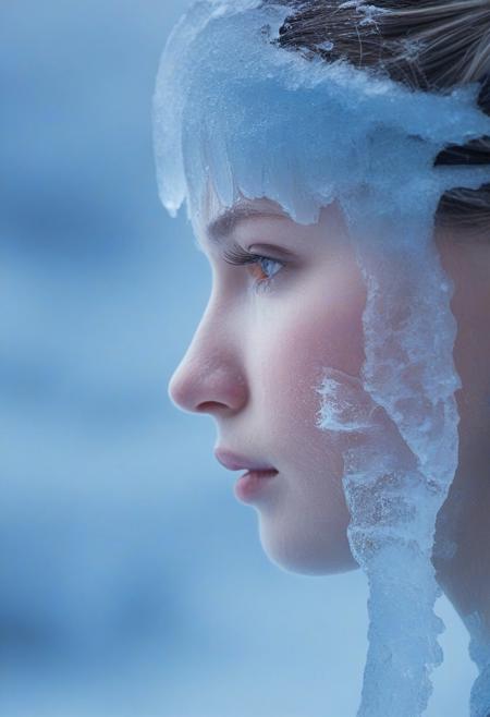 frozen girl, 
face covered with a crust of ice, 
cold blue face, 
time has stopped, 
profile on the right, 
side view, 
macro, 
very close, 
foreground, 
surrealism, 
realistic image, 
live picture, 
16k, 
5D, 
live
