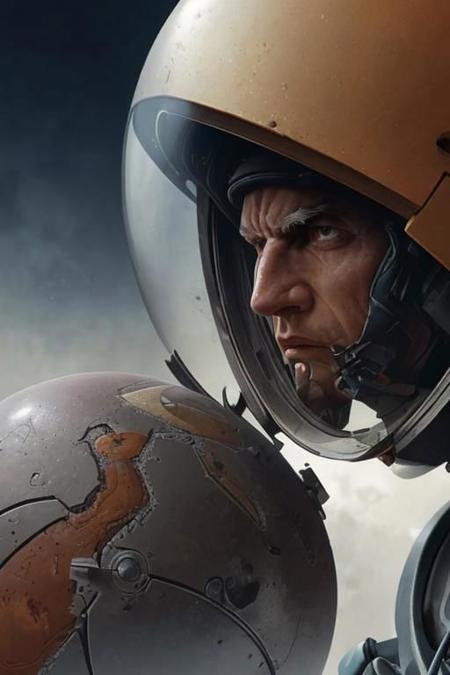 masterpiece, ultra high resolution, 3/4 view, (close-up:1.5), a man in a space suit with a helmet on mars, space explorer, sovietpunk, breathtaking background, fantastic scenary, flying robotic orbs,