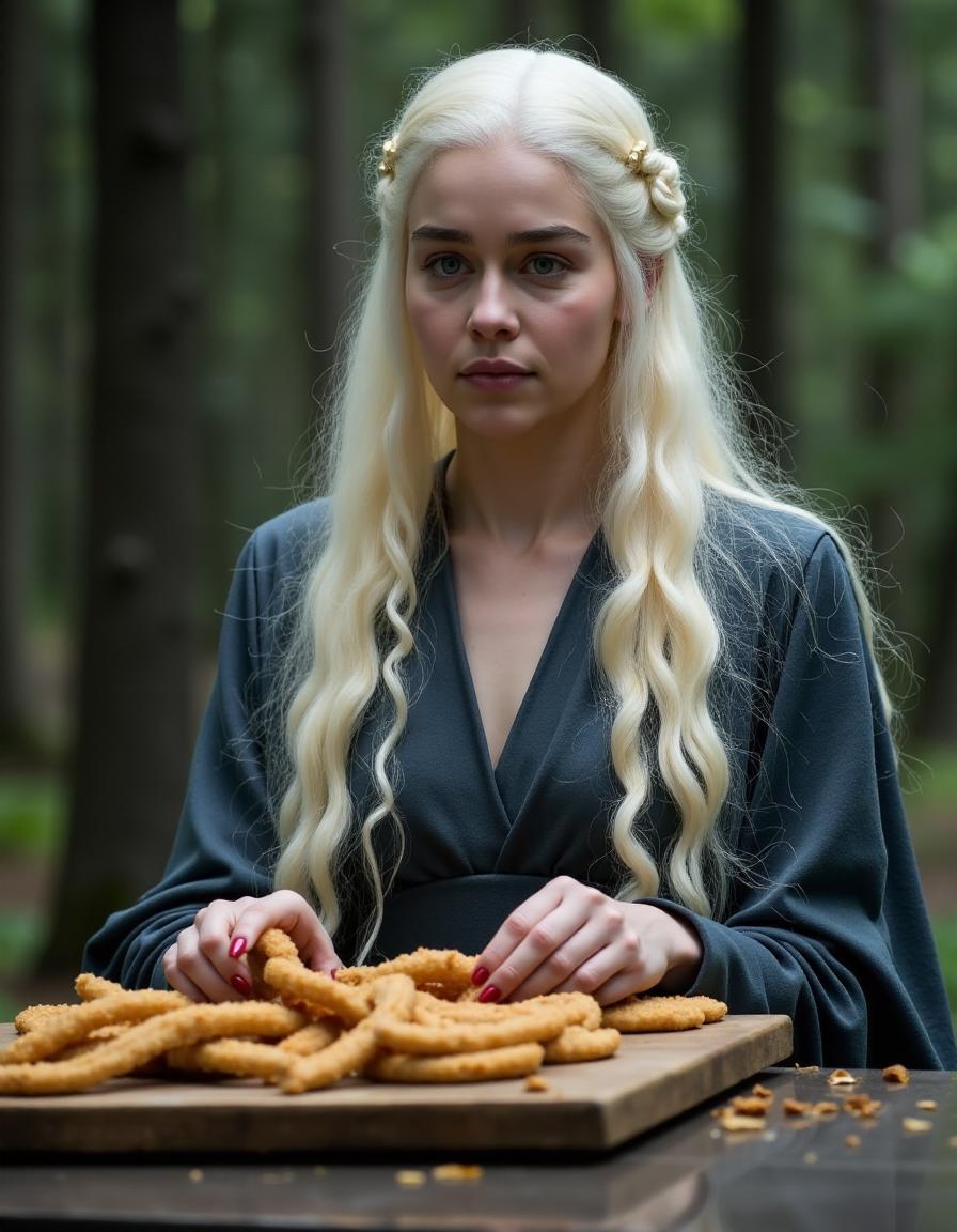 <lora:GOTemiliaClarkeQuiron_FLUX:1.7> GOTemiliaclarkeQuiron, a woman with white hair, Emilia clarke as Daenerys targaryen in hbo's 'game of thrones',   Prepare and eat snacks.  at Haunted Forest