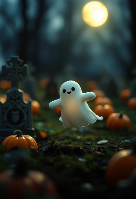 35mm photograph, film, bokeh, professional, in the graveyard sits one adorable cute plushie ghost, floating above ground, in moonlight, pumpkins, hyperrealistic, super realistic, sharp focus, 32k, (((masterpiece))) (((ultimate quality))), exquisite beauty, highiest texture resolution, photorealistic, fantasy setting, epic composition, ral-smlvltnpls
