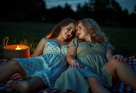 A photorealistic high quality portrait of lesbian lovers. They are in their mid 20s and realistically cute. ((Girl 1 is slim, has brown hair and is wearing a cute summer dress)), ((Girl 2 is curvy, has blond hair and is wearing a cute smock dress)) They are laying together outside, cuddled on a picnic blanket,  it is twilight and a beautiful night