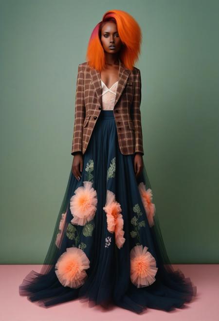 The image is a photograph of a woman standing against a solid, muted green background. She is dressed in an elaborate, floor-length gown that combines elements of modern fashion with a vintage aesthetic. The gown is primarily a deep, dark blue color with a floral pattern featuring various shades of pink, white, and green flowers. The dress features a fitted bodice with a flowing, layered skirt that extends to the floor. 
The most striking feature of the dress is the sheer, tulle overlay. The image is a high-fashion photograph featuring a striking, dark-skinned woman with an extraordinary, voluminous, natural hair style that forms a dramatic, almost sculptural silhouette around her head. Her hair is styled in a massive, rounded shape that contrasts starkly with her slender, elongated figure. She has a deep, rich brown skin tone and a serene, contemplative expression. The image is a photograph featuring a striking, androgynous individual with long, vibrant orange hair styled straight and parted down the middle. The person is standing against a solid pink background, which enhances the overall color scheme of the image. They are dressed in a bold, eclectic outfit that combines elements of punk and vintage fashion. 
The outfit includes a brown and white checkered blazer with a slightly oversized fit, worn open to reveal a matching checkered shirt underneath.