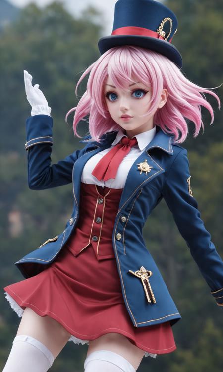 masterpiece, best quality, ultra-detailed, (best quality, ultra-detailed), cinematic lighting, Intricate, high detail, sharp focus, emullh, 1girl, pink hair, short hair, blue jacket, top hat, long sleeves, white thighhighs, red eyes, looking at viewer <lora:emullh_xl_01:0.6>