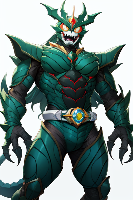 sparkling, howling, teeth, monster, green scales, helmet, tokusatsu, belt