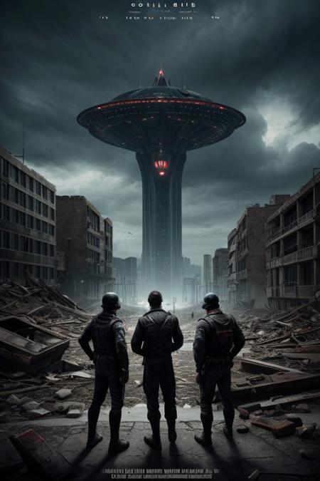 score_9, score_8_up, score_7_up, movie poster,
Title of the film in large letters in the center of the poster, striking image, alien spacecraft towering over a city in ruins in the background, 3 heroes look determinedly towards the horizon In the foreground, Captain Elena Rodriguez, Commander Li Wei, Sergeant Malik Ahmed, dark and menacing atmosphere, realistic, <lora:more_details:0.5>