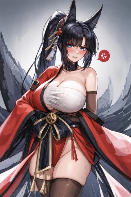 1girl, anger vein, animal ears, bangs, bare shoulders, black gloves, black hair, black thighhighs, blue eyes, blush, cleavage, detached sleeves, elbow gloves, fox ears, fox girl, fox tail, gloves, huge breasts, japanese clothes, kii \(azur lane\), kitsune, kyuubi, large breasts, long hair, looking at viewer, multiple tails, ponytail, sarashi, solo, spoken anger vein, sweatdrop, tail, thighhighs, thighs, white background, wide sleeves