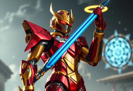 A cinematic, photorealistic render of a Shinato, King of a Higher Plane robot standing proudly in the foreground. Its body is a vibrant, highly-detailed mix of polished red and gleaming shiny gold metals, showing subtle wear and intricate paneling. The robot's head is a striking gold, featuring a highly detailed red visor that glows subtly. In its right hand, it firmly grips a sword with a sharp, cool blue energy blade that emits a faint light, contrasting beautifully with the warm gold and red armor. Its left hand is raised in a powerful gesture of triumph. Behind the robot, in the mid-ground and slightly blurred, a translucent blue energy shield and a radiant yellow halo float ethereally, suggesting their presence within the atmospheric, slightly out-of-focus Secret Village of the Spellcasters background. The composition is impeccable, using a Creative Angle and Golden Ratio for a sense of depth and perspective, focusing intently on the robot's Dynamic Action Pose. Lighting is Captivating, with strong highlights on the polished surfaces and subtle environmental reflections. Rendered with Exceptional Quality, 4K resolution, Lifelike Details on materials, Handcrafted with Precision. Octane Render, Unreal Engine 5, CGSociety, Artstation Trending on ArtstationHQ. No text in the image.