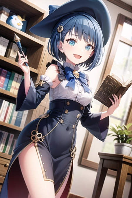 <lora:KiritaniHaruka-05:0.7> , kiriharu, 1girl, solo, looking at viewer, smile, short hair, open mouth, blue eyes, hat, dress, bow, holding, blue hair, :d, detached sleeves, indoors, book, witch hat, blue dress, bird, plant, blue headwear, holding book, open book, wand, bookshelf, witch, magic, potted plant, shelf, book stack, penguin, holding wand