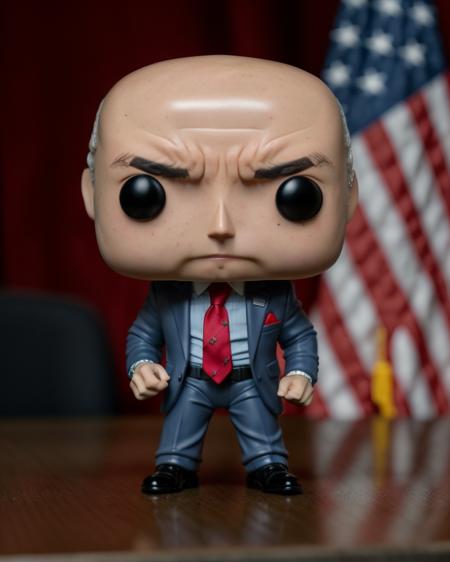 <lora:yomama_pop_toys-10:.75> A professional product shot of ggnsl man yomama_pop_toys bald wearing navy business suit and red tie, , on a desk, studio lit, macro shot <lora:Gensler_ggnsl_60_2-000001:.8> funko pop vinyl figurine