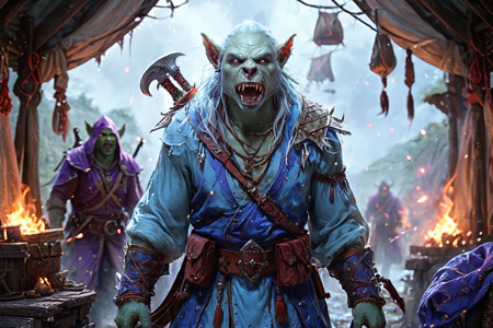 bioluminescent, an orc trapper with green skin, wearing a fur cloak, setting a trap with rope, solo, from the Gorehowl Clan, with blood-red armor and howling wolf symbols, an orc cliffside camp with leather tents, wooden bridges, a steep drop, detailed background, building a tent, hammering stakes, joyful, wide smile, portrait focus, close-up shot, an ambush on a human caravan, orcs attacking, goods scattered, chaos unfolding, a bone knife, nearby, on a tent floor, leather surface, humid, misty air, dewdrops on surfaces, warm atmosphere, mid evening, deep purple sky, stars visible, cool air, best quality, vibrant colors, realistic style, high detail, high-definition, hyper-realistic, extremely high-resolution details, fine texture, incredibly lifelike, realistic, not cartoon, not drawing, highres, 4K resolution, source photo, realistic photo, masterpiece, best quality, amazing quality, very aesthetic, ultra-detailed, detailed textures, natural lighting, soft light, icy blue tones, cool blues and whites, soft light, high angle shot, looking down, <lora:Mystic_Lumina_r1-000007:0.9>