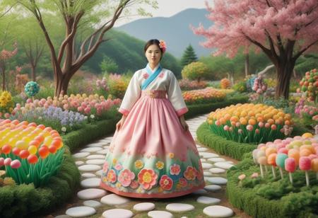 full body, 1 woman, candy hanbok, candy flower garden,