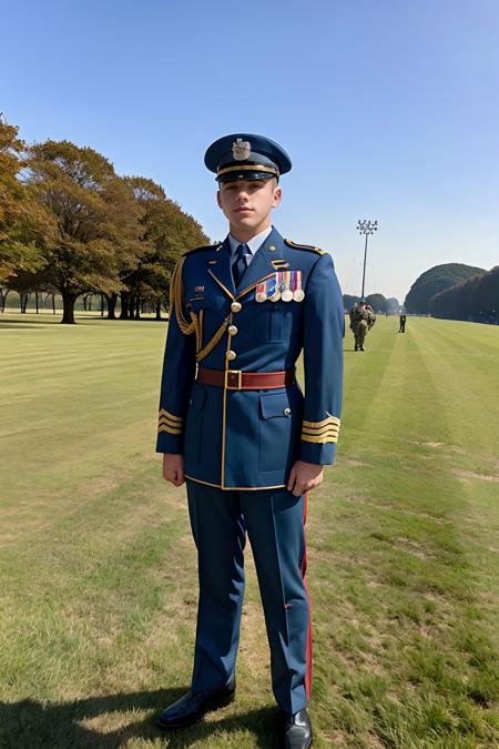 parade ground of military academy, JoeyMills, (age 18), dressed as Brian Moreland in the movie Taps, parade uniform,  ((full body portrait)), wide angle,  <lora:JoeyMills:0.8>