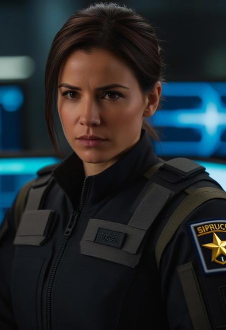 A realistic portrait of a woman in a sleek, tactical uniform, featuring a zippered, dark textured material with a subtle emblem on her shoulder. She has a few small facial scratches, suggesting she has been in a recent confrontation. Her dark brown hair is tied back with loose strands framing her face, giving her a slightly disheveled yet focused appearance. Her expression is calm but determined, her gaze directed slightly off-camera, capturing a moment of introspection or resolve. The background is a dimly lit, high-tech command center, with blurred computer monitors and metallic structures, creating an industrial and futuristic atmosphere. The lighting is cool and diffused, casting soft shadows that emphasize her facial features and create a cinematic ambiance. The frame is medium close-up, focusing on her face and upper torso.