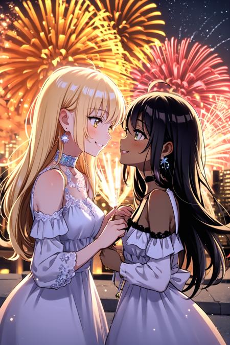 <lora:morikura2:1>fireworks, night, 2girls, sky, jewelry, earrings, outdoors, dress, standing, 1girl, 1boy, smile, building, long hair, black hair, blonde hair, dark skin, multiple girls, looking up, dark-skinned female, long sleeves, white dress