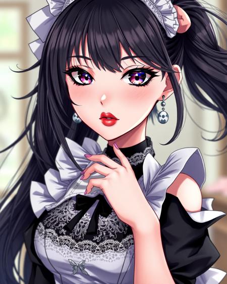 Highly detailed, anime-style girl, beautiful face, smooth porcelain skin, vivid lipstick, perfect makeup, alluring expression, sexy pose, wearing a classic maid outfit with intricate lace details, black and white contrast, elegant and stylish design, soft lighting, background blurred to enhance focus on the character, highly detailed fabric textures, dynamic and flowing hair, vibrant colors