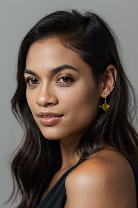 Realistic photo of a beautiful r0s4r10 woman,  girl, solo, long hair, simple background, black hair, bare shoulders, brown eyes, upper body, parted lips, teeth, grey background, black eyes, lips, eyelashes, realistic, soft lighting, professional Photography, Photorealistic, detailed, RAW, analog, sharp focus, 8k, HD, DSLR, high quality, Fujifilm XT3, film grain, award winning, masterpiece<lora:r0s4r10:1.0>
