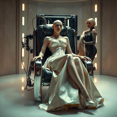 A slender, totally bald, arrogant  rich norvegian bride, reclined in a polished steel restraint fetish chair, dressed in a luxurious, rich fantasy satin wedding gown with a fitted, boned corset accentuating her ultra-thin waist. and a full, flared skirt, paired with satin high heels, orgasm face. The massive electrodes holding her head pressed to the steel restraint chair headrest,  cabled to a  futuristic superconputer rack. Her hands and ankles are bound to the steel restraint chair   by massive steel restraints,   weird fog from the floor.  (Tall  maid in blak latex catsuit   holding her blonde long haired wig at background) The scene is set in a sterile, empty chamber, with a glossy mother-of-pearl finish, evoking a sense of futuristic dread. Inspired by the cinematic styles of Ridley Scott, Guillermo del Toro, and H.R. Giger, with a blend of sci-fi and horror elements, this full-body portrait is a masterpiece of cinematic storytelling, shot on a virtual v-raptor XL camera, with a warm, film-grained aesthetic, subtle vignette, and rich color grading, reminiscent of 35mm film, with dramatic, atmospheric lighting, inviting the viewer to immerse themselves in this epic, stunning scene.
