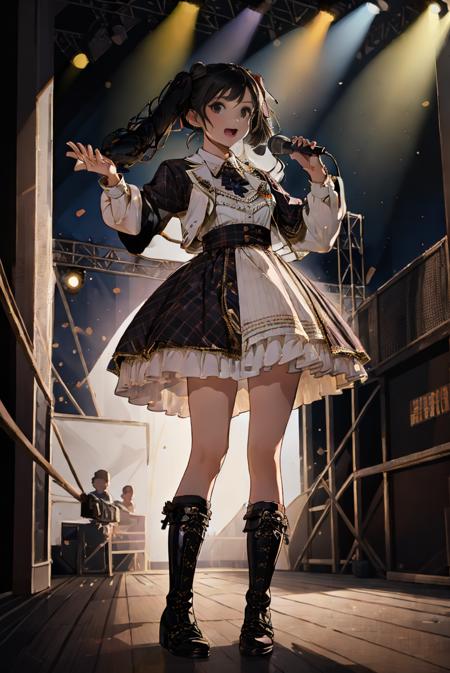 masterpiece, best quality, idol_costume, knee boots, 1girl, solo, idol, full body, looking at viewer, long black hair, twintails, standing on stage, stage lighting, stage spotlight, detailed background, singing, holding microphone, audience, <lora:idol_costume_style3_v3:0.7>