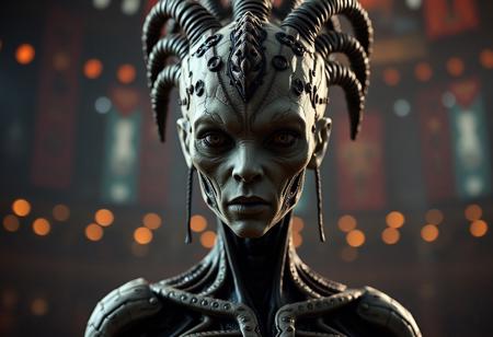 "Create a highly detailed, lifelike 3D render of a female creature on a dark arena background. The character should have the face of a pale alien cultist, with a rough but intricate design by Adam Dario Keel, incorporating biomechanics and elements of fishmen or humanoid mosquito. The character should be standing, with the face shown in sharp focus and realistic textures. Use octane render and volumetric lighting to create a grim, dark atmosphere, with a sense of realism and attention to micro details. The final image should be photorealistic and captured in 8K resolution, with a rule of thirds composition."