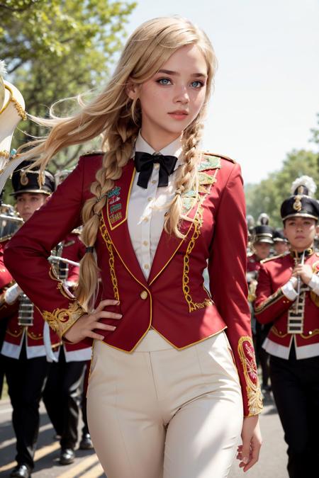 full body, RAW photograph of s1enna with long blonde hair, looking at viewer, perfect eyes, wearing (marching band outfit), jacket adorned with decorative braiding and embroidery, color-coordinated straight-leg pants, tucked collared shirt, leading a marching band in a crowded parade, dramatic, dynamic pose,
photorealism, photorealistic, (masterpiece, high quality), highly detailed, high resolution, high detail, intricate, HDR, UHD, 8k, sharp focus, detailed background, perfect hands, realistic eyes, natural skin texture, (blush:0.5), (goosebumps:0.5), subsurface scattering,
<lora:sd15_s1enna_v1:0.7>